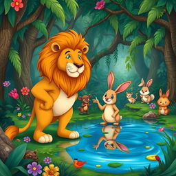 An illustrated scene depicting a dense jungle with a beautiful lake at its center, where various animals peacefully coexist