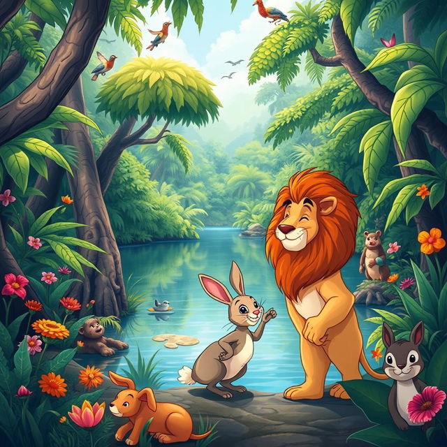 An illustrated scene depicting a dense jungle with a beautiful lake at its center, where various animals peacefully coexist