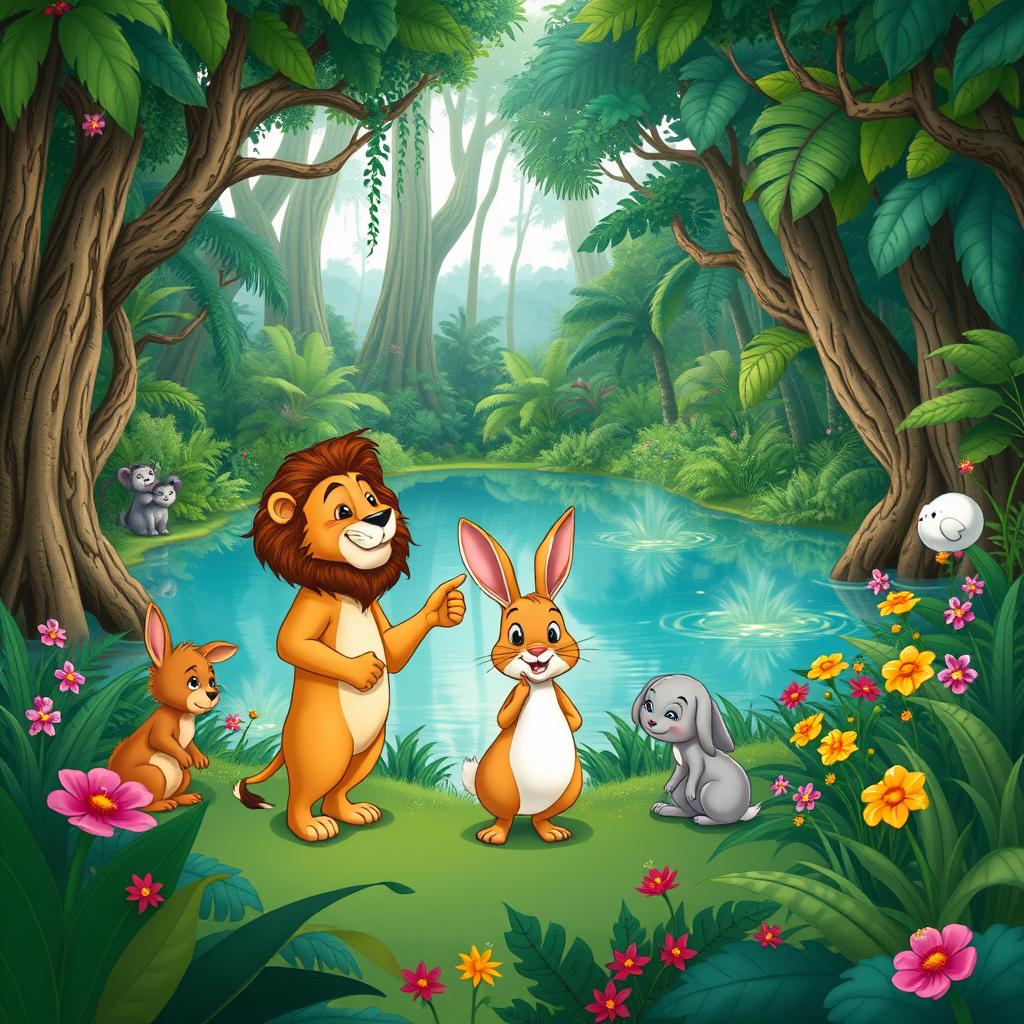 An illustrated scene depicting a dense jungle with a beautiful lake at its center, where various animals peacefully coexist