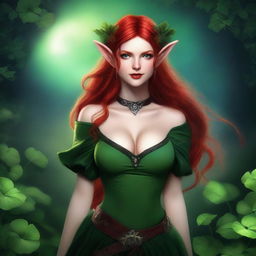 This realistic digital art image showcases a sensual red-haired elf woman in a dark fairy and Viking-inspired aesthetic