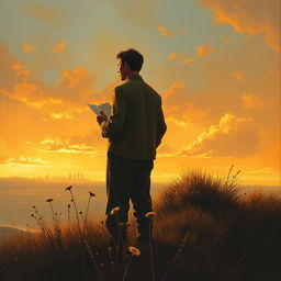 A poignant painting depicting a man standing alone on a hillside, gazing longingly into the distance where a distant city skyline is visible