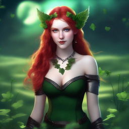 This realistic digital art image showcases a sensual red-haired elf woman in a dark fairy and Viking-inspired aesthetic