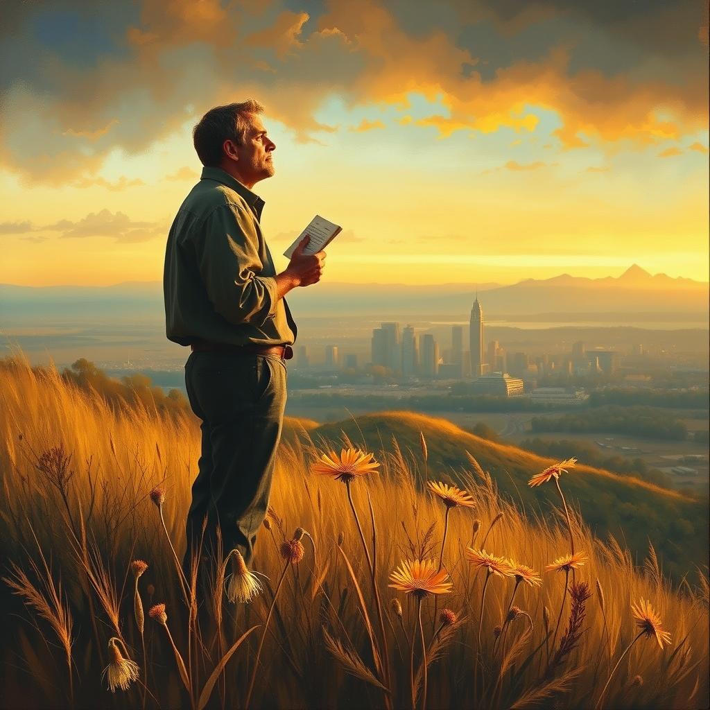 A poignant painting depicting a man standing alone on a hillside, gazing longingly into the distance where a distant city skyline is visible