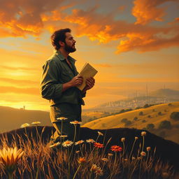 A poignant painting depicting a man standing alone on a hillside, gazing longingly into the distance where a distant city skyline is visible