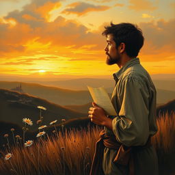 A poignant painting depicting a man standing alone on a hillside, gazing longingly into the distance where a distant city skyline is visible