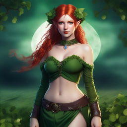 This realistic digital art image showcases a sensual red-haired elf woman in a dark fairy and Viking-inspired aesthetic