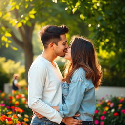 A sweet and romantic scene depicting a couple sharing a tender kiss in a serene park setting
