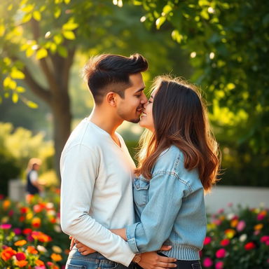 A sweet and romantic scene depicting a couple sharing a tender kiss in a serene park setting