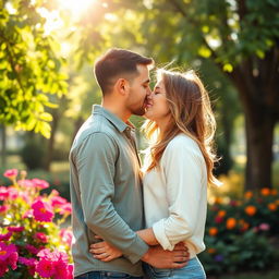 A sweet and romantic scene depicting a couple sharing a tender kiss in a serene park setting