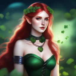 This realistic digital art image showcases a sensual red-haired elf woman in a dark fairy and Viking-inspired aesthetic