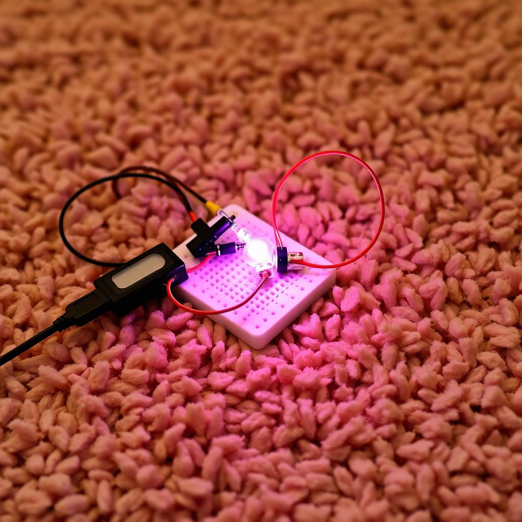 A realistic photograph featuring a simple electrical craft created by a DIY enthusiast, set on a soft, cozy carpet