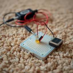 A realistic photograph featuring a simple electrical craft created by a DIY enthusiast, set on a soft, cozy carpet