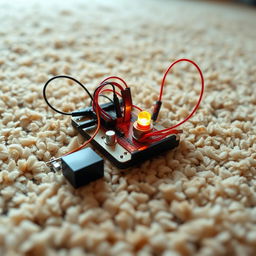 A realistic photograph featuring a simple electrical craft created by a DIY enthusiast, set on a soft, cozy carpet