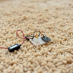 A realistic photograph featuring a simple electrical craft created by a DIY enthusiast, set on a soft, cozy carpet