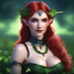 This realistic digital art image features a sensual red-haired elf woman embodying a dark fairy aesthetic, Viking goddess, and warrior princess