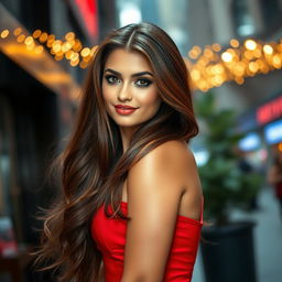 A glamorous young woman with long flowing hair, wearing a form-fitting, elegant red dress that accentuates her curves