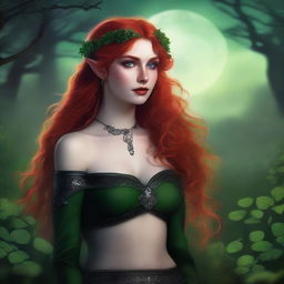 This realistic digital art image features a sensual red-haired elf woman embodying a dark fairy aesthetic, Viking goddess, and warrior princess