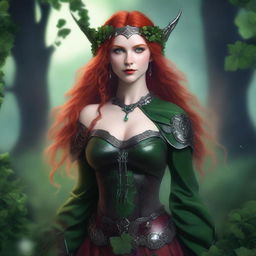 This realistic digital art image features a sensual red-haired elf woman embodying a dark fairy aesthetic, Viking goddess, and warrior princess