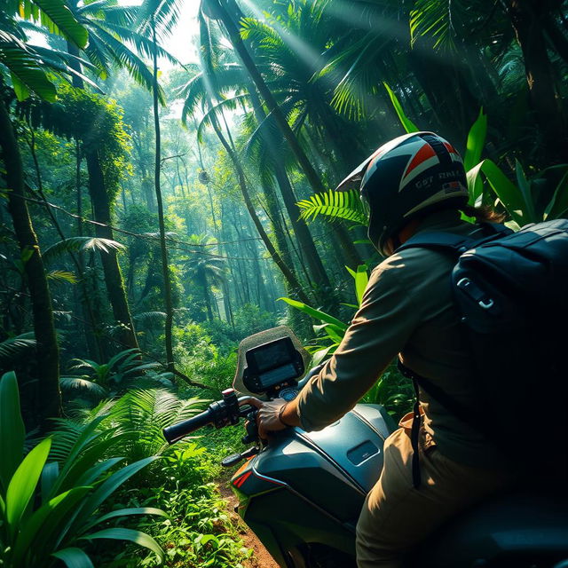 A thrilling adventure scene featuring Rahul, an adventurous biker, navigating through the dense and mysterious Amazon rainforest