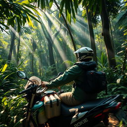 A thrilling adventure scene featuring Rahul, an adventurous biker, navigating through the dense and mysterious Amazon rainforest