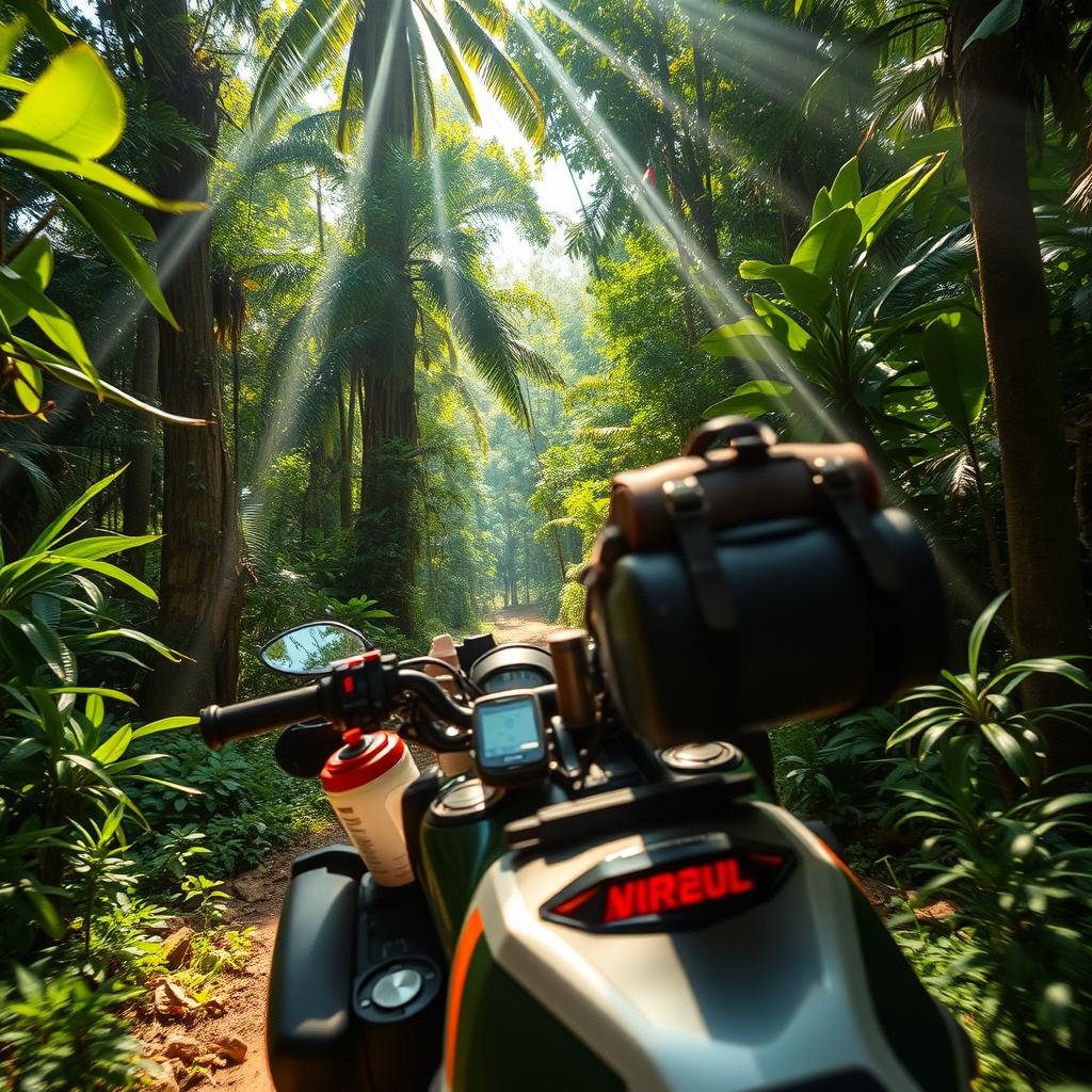 A thrilling adventure scene featuring Rahul, an adventurous biker, navigating through the dense and mysterious Amazon rainforest