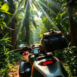 A thrilling adventure scene featuring Rahul, an adventurous biker, navigating through the dense and mysterious Amazon rainforest