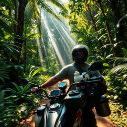 A thrilling adventure scene featuring Rahul, an adventurous biker, navigating through the dense and mysterious Amazon rainforest