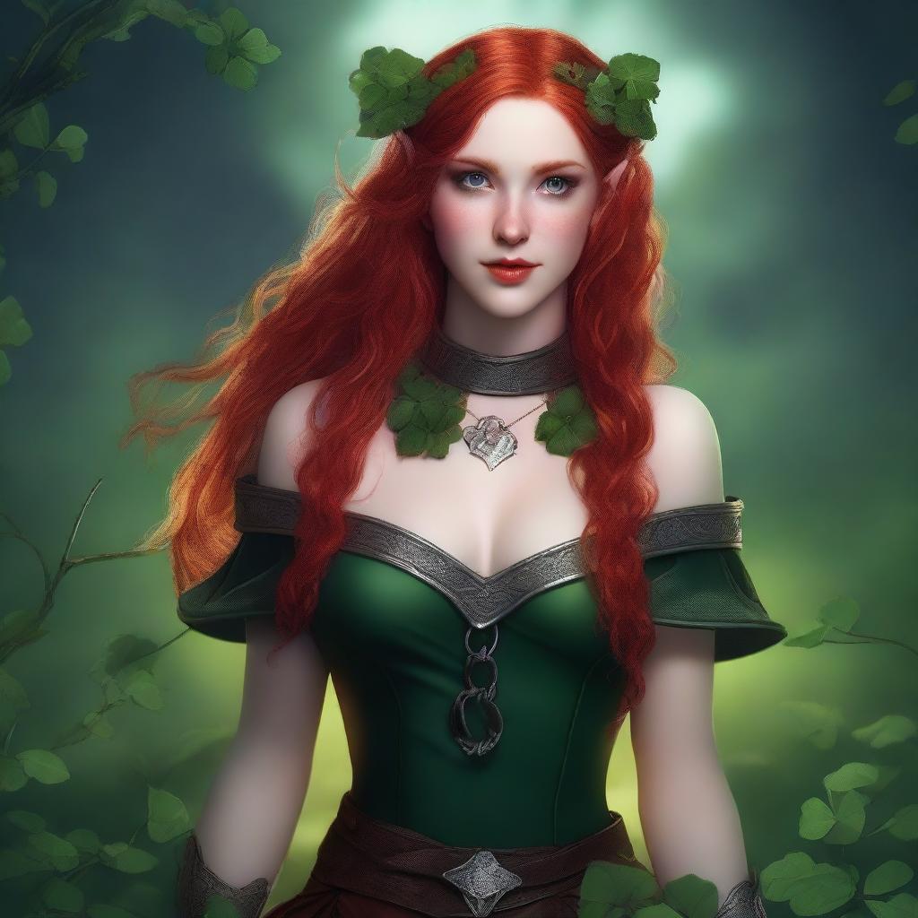 This realistic digital art image features a sensual red-haired elf woman embodying a dark fairy aesthetic, Viking goddess, and warrior princess