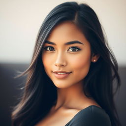 A captivating portrait of a confident young woman, making direct eye contact with the camera