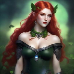 This realistic digital art image features a sensual red-haired elf woman embodying a dark fairy aesthetic, Viking goddess, and warrior princess