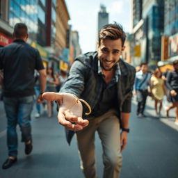 A scene on a bustling street where a man is walking, suddenly falling to the ground