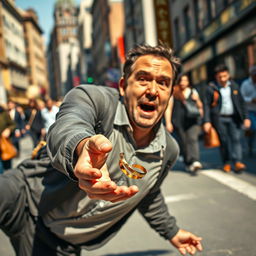 A scene on a bustling street where a man is walking, suddenly falling to the ground