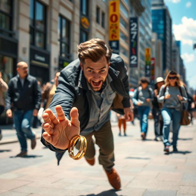 A scene on a bustling street where a man is walking, suddenly falling to the ground