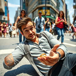 A scene on a bustling street where a man is walking, suddenly falling to the ground