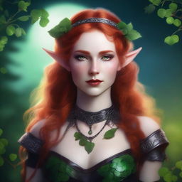 This realistic digital art image features a sensual red-haired elf woman embodying a dark fairy aesthetic, Viking goddess, and warrior princess