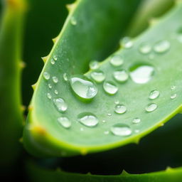 A vibrant, close-up image of an aloe vera leaf, showcasing its natural green color with bright, shiny droplets of water on the surface