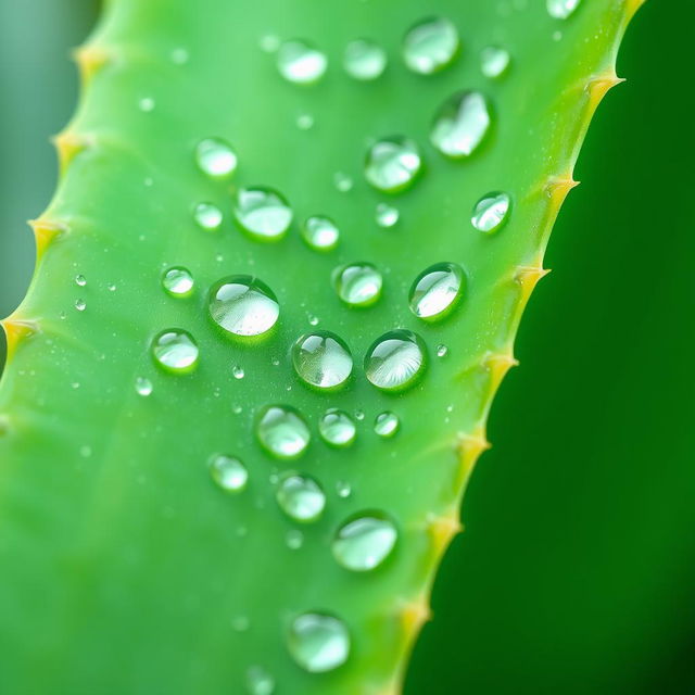 A vibrant, close-up image of an aloe vera leaf, showcasing its natural green color with bright, shiny droplets of water on the surface