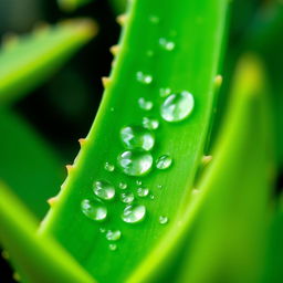 A vibrant, close-up image of an aloe vera leaf, showcasing its natural green color with bright, shiny droplets of water on the surface