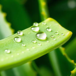 A vibrant, close-up image of an aloe vera leaf, showcasing its natural green color with bright, shiny droplets of water on the surface