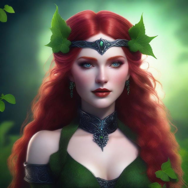 This realistic digital art image features a sensual red-haired elf woman embodying a dark fairy aesthetic, Viking goddess, and warrior princess