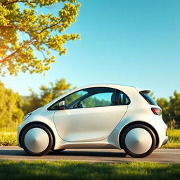 A highly detailed and realistic photograph of a simple electric car craft parked in a serene and picturesque setting