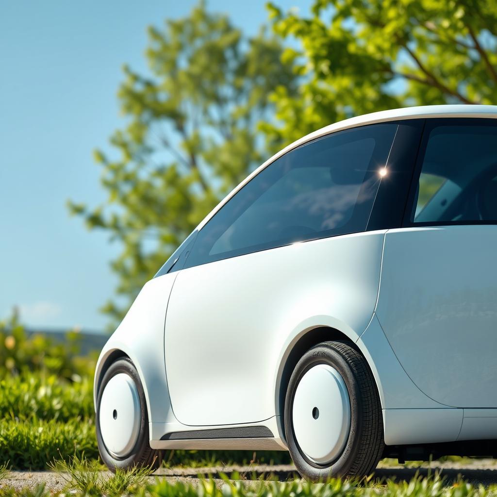 A highly detailed and realistic photograph of a simple electric car craft parked in a serene and picturesque setting