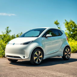 A highly detailed and realistic photograph of a simple electric car craft parked in a serene and picturesque setting