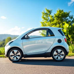 A highly detailed and realistic photograph of a simple electric car craft parked in a serene and picturesque setting