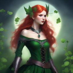 This realistic digital art image features a sensual red-haired elf woman embodying a dark fairy aesthetic, Viking goddess, and warrior princess