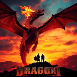 A cinematic movie poster featuring a majestic fire-breathing dragon soaring over a fiery landscape, its scales shimmering in the light of the flames