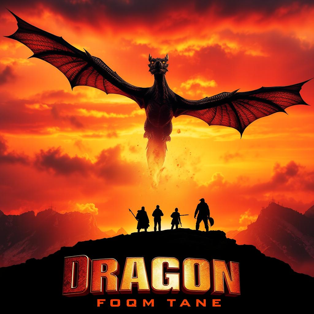 A cinematic movie poster featuring a majestic fire-breathing dragon soaring over a fiery landscape, its scales shimmering in the light of the flames