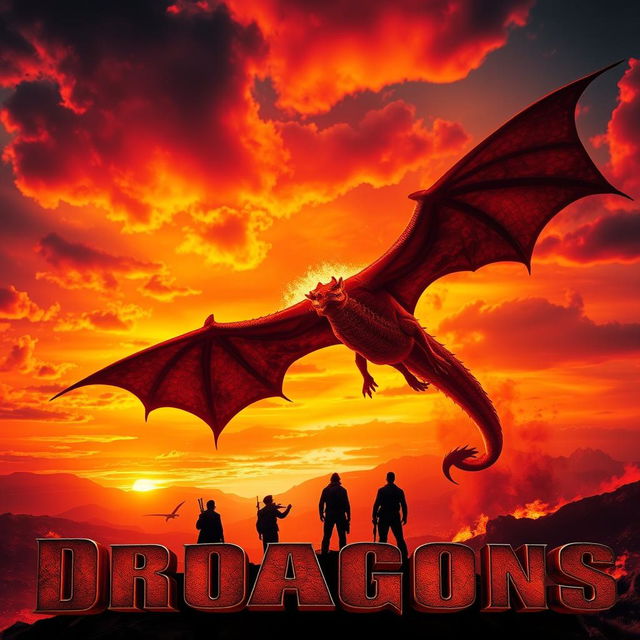 A cinematic movie poster featuring a majestic fire-breathing dragon soaring over a fiery landscape, its scales shimmering in the light of the flames