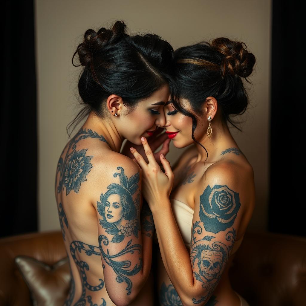 An artistic scene featuring two women with beautiful tattoos adorning their bodies, engaged in an intimate and playful moment