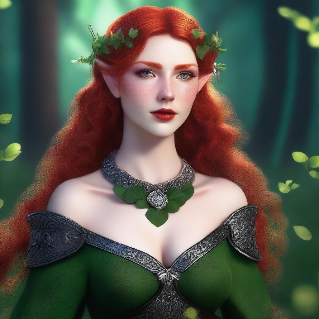 This realistic digital art image portrays a sensual red-haired elf woman, embodying the roles of a Viking sex goddess and warrior princess